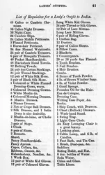 Liste der Anforderungen für die Garderobe einer Dame nach Indien, aus 